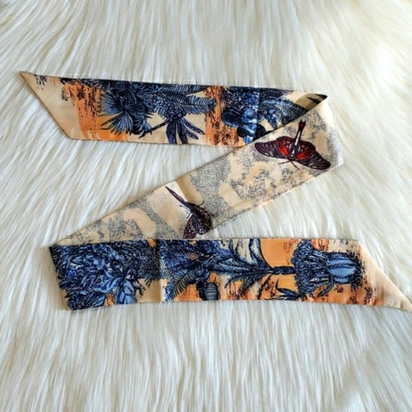 New Palm Print Silk Skinny Scarf Twilly - Picture 3 of 5